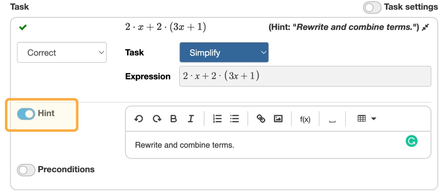 Adding a custom hint to a task