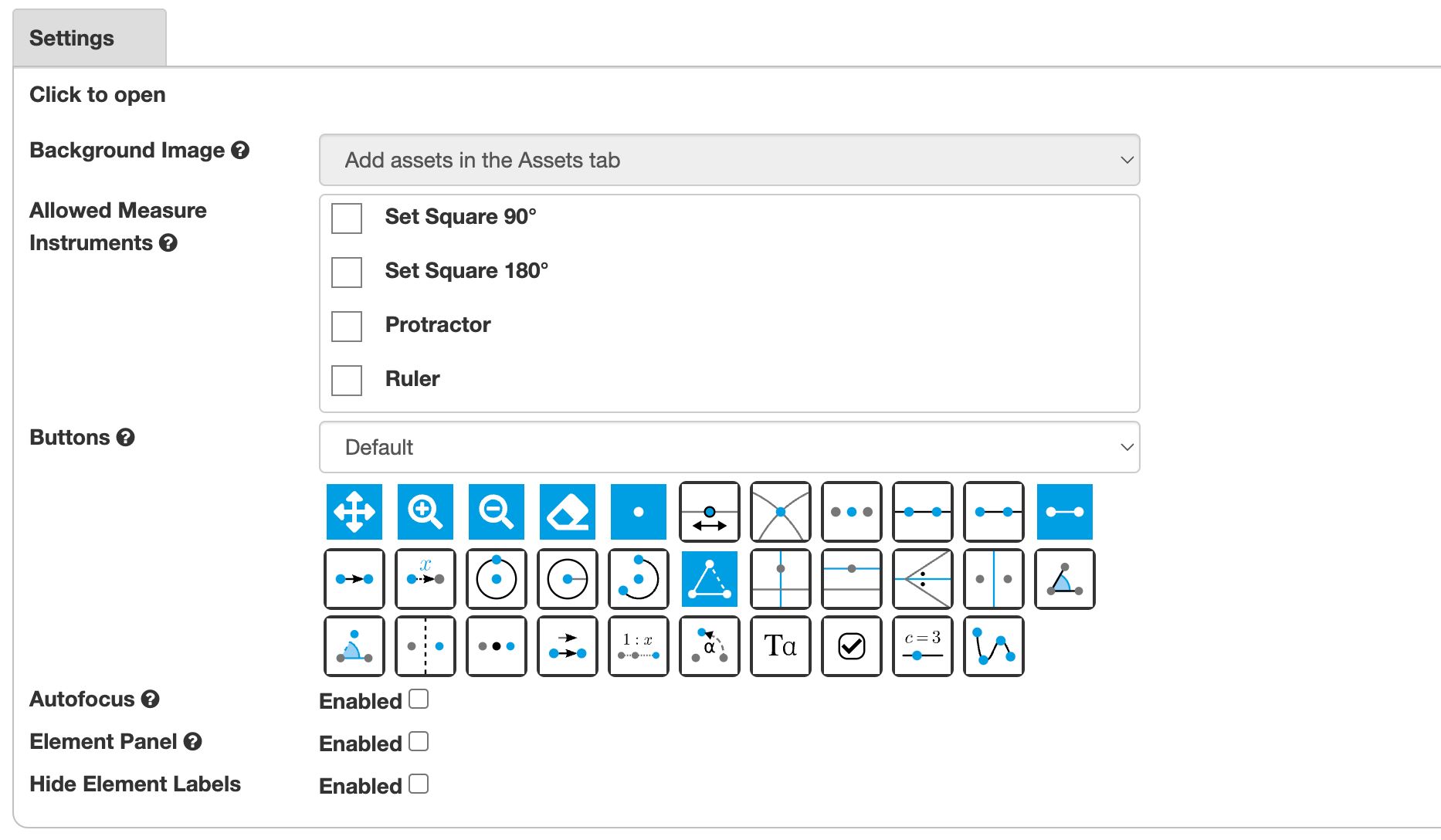 The Settings panel of Geometry & Graphs