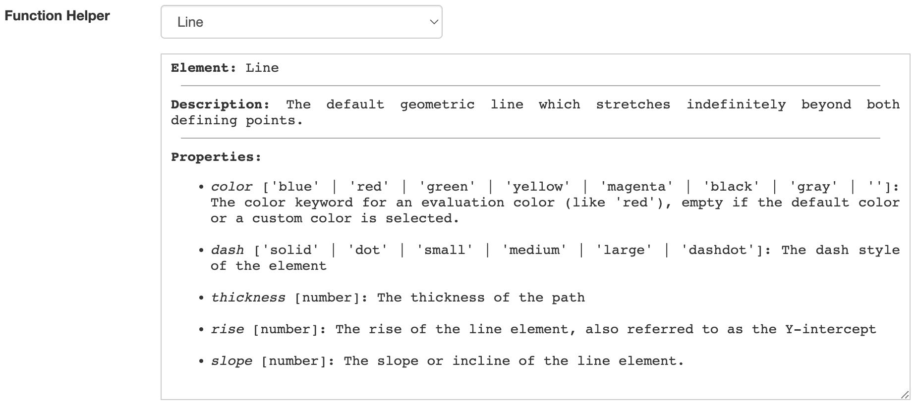 The Function Helper shows which properties are available for each element type