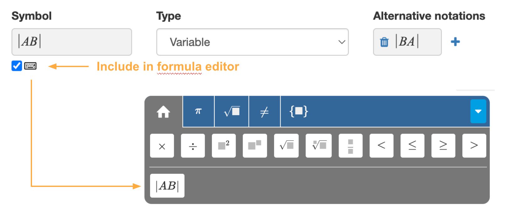 Including symbols in the formula editor