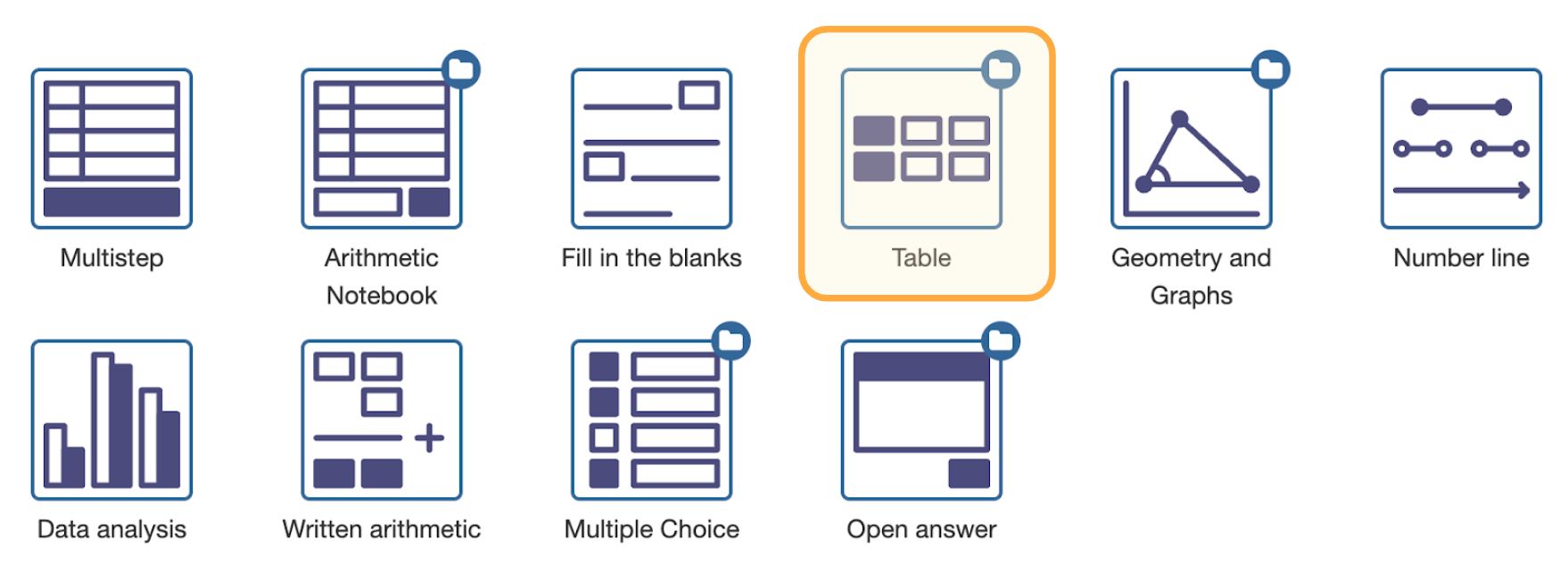 Selecting the Math Table question type