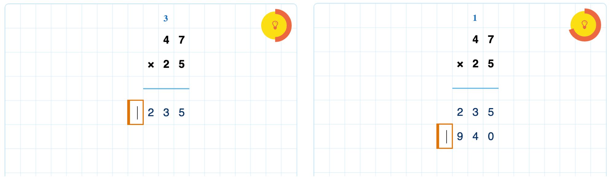 The regrouping area resets when multiplying the next place value