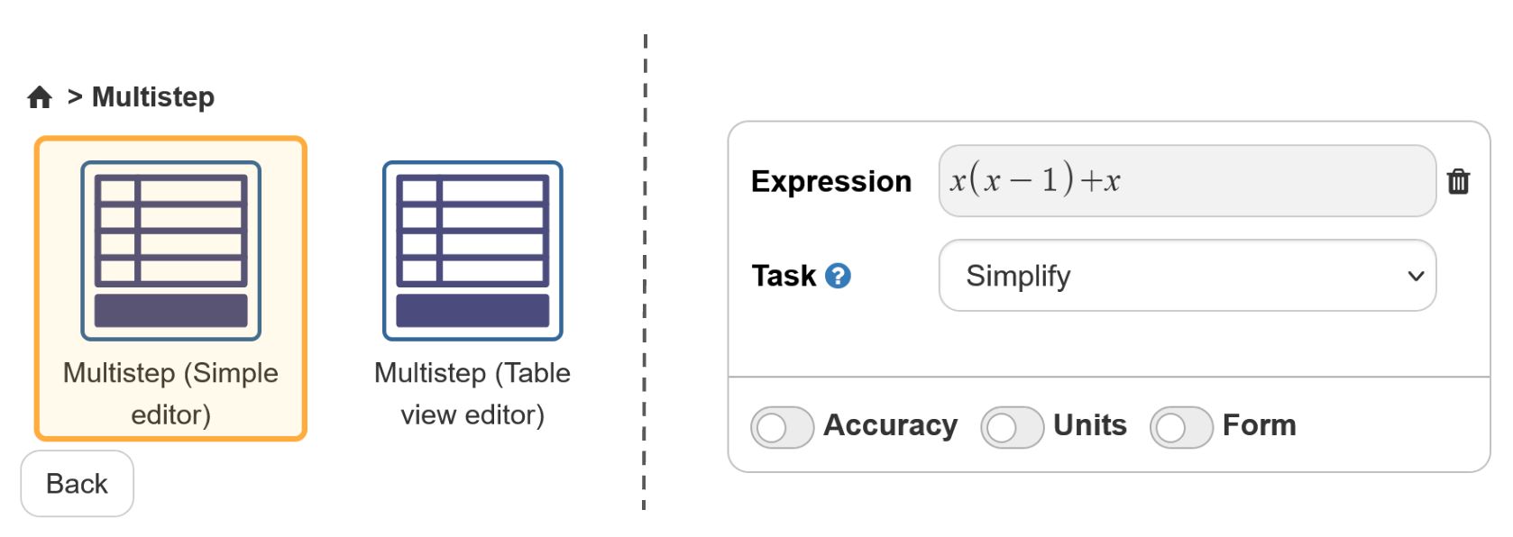 Selecting the Multistep question type