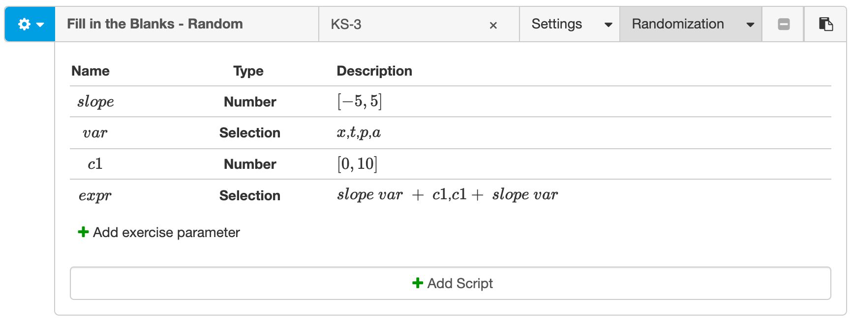 Defining random exercise parameters