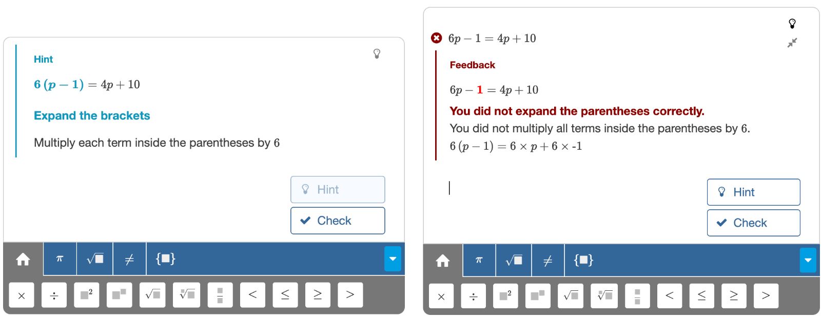 A hint and error feedback generated by Algebrakit